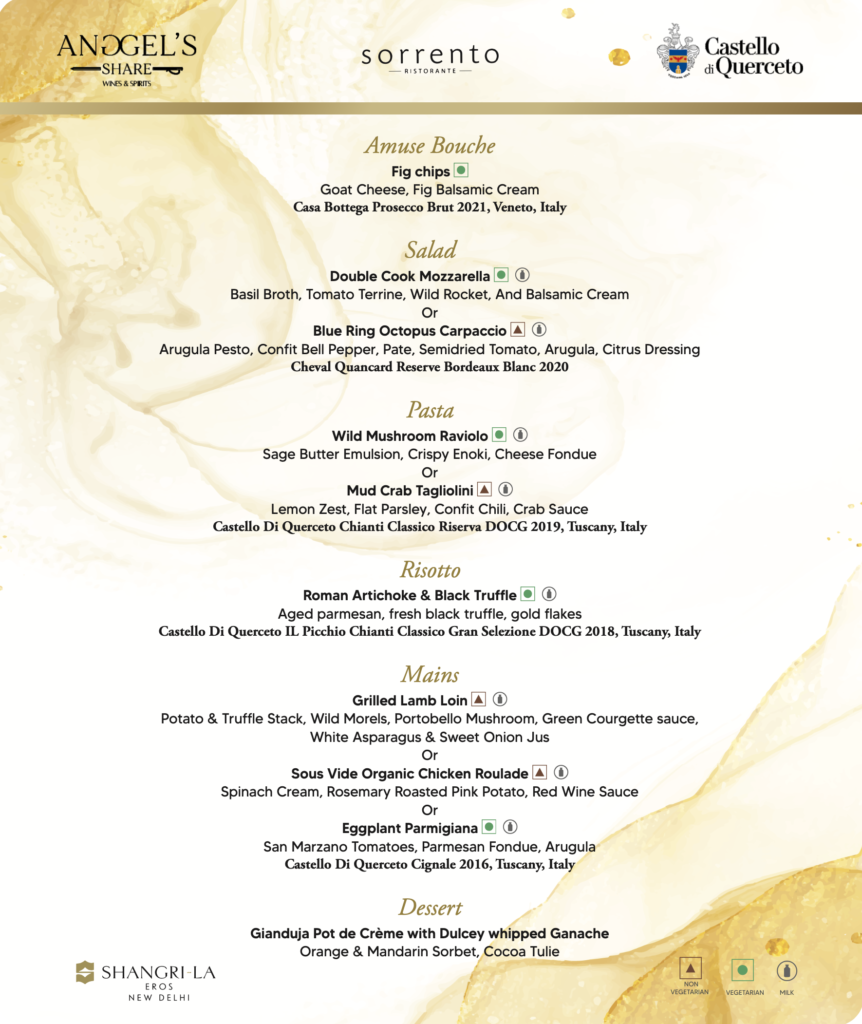 Castello di Querceto wine dinner menu at Sorrento, Shangrila Eros New Delhi